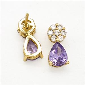 Copper Earring Pave Zircon, Gold Plated, approx 6-14mm