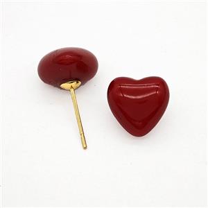 Red Pearlized Resin Heart Stud Earrings Copper Gold Plated, approx 11.5mm