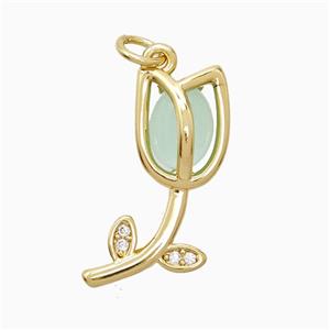 Copper Tulip Pendant Pave Jade Flower Gold Plated, approx 9-21mm