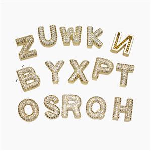 Copper Alphabet Pendant Pave Zirconia Mix Letters Gold Plated, approx 10-13mm