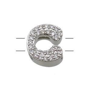 Copper Letter-C Beads Pave Zirconia 2holes Platinum Plated, approx 10-13mm