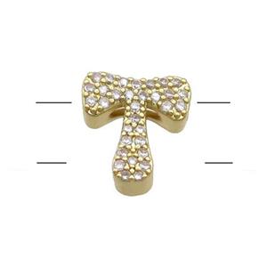 Copper Letter-T Beads Pave Zirconia 2holes Gold Plated, approx 10-13mm