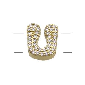 Copper Letter-U Beads Pave Zirconia 2holes Gold Plated, approx 10-13mm