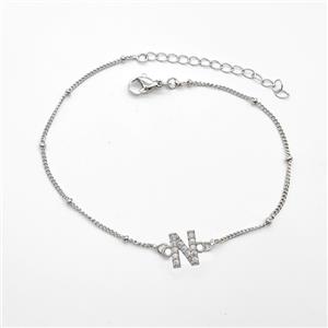 Copper Bracelet With Letter-N Pave Zirconia Platinum Plated, approx 6-9mm, 19-24cm length