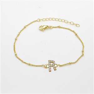 Copper Bracelet With Letter-R Pave Zirconia Gold Plated, approx 6-9mm, 19-24cm length
