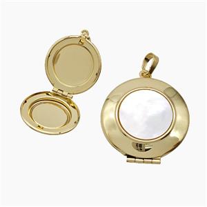 Copper Circle Locket Pendant Pave Shell 18K Gold Plated, approx 27mm