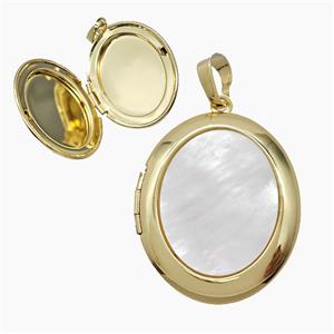 Copper Oval Locket Pendant Pave Shell 18K Gold Plated, approx 25-30mm
