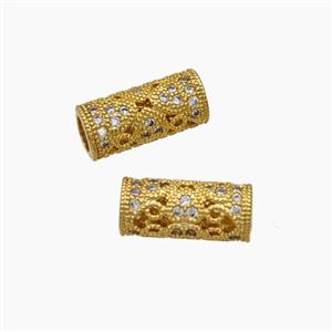 Copper Tube Beads Micropave Zirconia Column Large Hole 18K Gold Plated, approx 6-13.5mm, 4mm hole