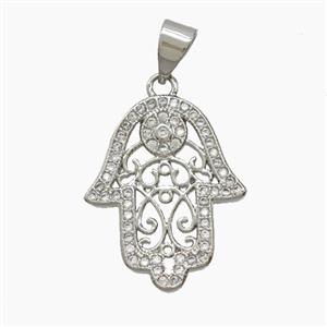 Copper Hamsahand Pendant Pave Zirconia Platinum Plated, approx 16-20mm