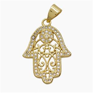 Copper Hamsahand Pendant Pave Zirconia 18K Gold Plated, approx 16-20mm