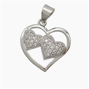Copper Double Heart Pendant Pave Zirconia Platinum Plated, approx 16mm