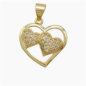Copper Double Heart Pendant Pave Zirconia 18K Gold Plated, approx 16mm