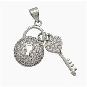 Copper Key Lock Pendant Pave Zirconia Platinum Plated, approx 7-17mm, 12-16mm