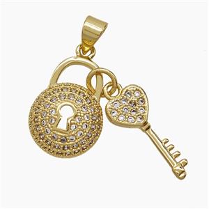Copper Key Lock Pendant Pave Zirconia 18K Gold Plated, approx 7-17mm, 12-16mm