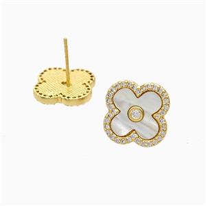 Copper Clover Stud Earrings Pave Zirconia Shell 18K Gold Plated, approx 15mm