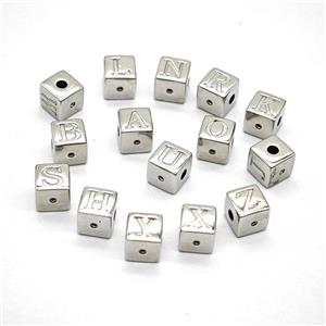 Copper Cube Beads With Letter Mixed Platinum Plated, approx 6mm