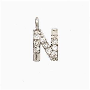 Copper Letter-N Pendant Pave Zirconia Platinum Plated, approx 7-13mm