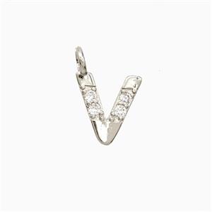 Copper Letter-V Pendant Pave Zirconia Platinum Plated, approx 7-13mm