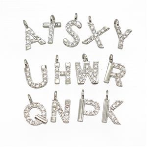 Copper Alphabet Pendant Pave Zirconia Platinum Plated Mix Letters, approx 7-13mm