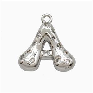 Copper Letter-A Pendant Pave Zirconia Platinum Plated, approx 15-18mm