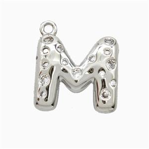 Copper Letter-M Pendant Pave Zirconia Platinum Plated, approx 15-18mm