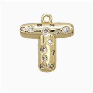 Copper Letter-T Pendant Pave Zirconia Gold Plated, approx 15-18mm