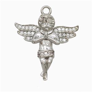 Copper Angel Pendant Pave Zirconia Platinum Plated, approx 23mm