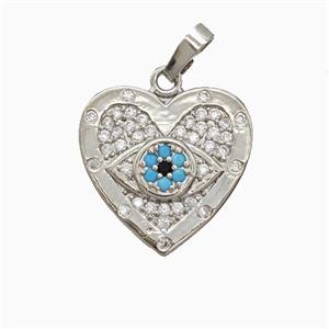 Copper Heart Pendant Pave Zirconia Evil Eye Platinum Plated, approx 18mm