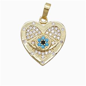 Copper Heart Pendant Pave Zirconia Evil Eye Gold Plated, approx 18mm
