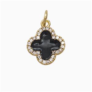 Copper Clover Pendant Pave Zirconia Black Enamel Gold Plated, approx 12mm
