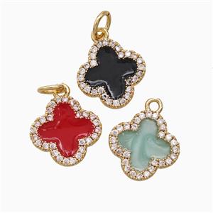 Copper Clover Pendant Pave Zirconia Enamel Gold Plated Mixed, approx 12mm