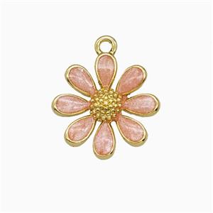 Copper Daisy Flower Pendant Pink Painted Gold Plated, approx 15mm
