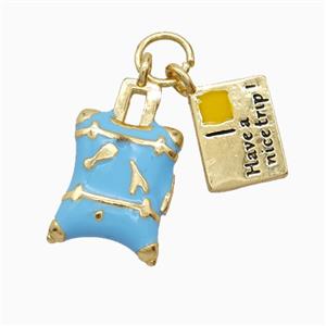 Travel Luggage And Postal Card Charms Copper Pendant Blue Enamel Gold Plated, approx 7-9mm, 9-15mm