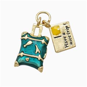 Travel Luggage And Postal Card Charms Copper Pendant Green Enamel Gold Plated, approx 7-9mm, 9-15mm
