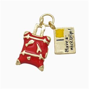 Travel Luggage And Postal Card Charms Copper Pendant Red Enamel Gold Plated, approx 7-9mm, 9-15mm