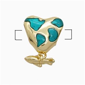 Copper Heart Beads Green Enamel Large Hole Fish Gold Plated, approx 13mm, 3-6mm hole