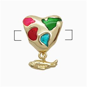 Copper Heart Beads Multicolor Enamel Large Hole Fish Gold Plated, approx 13mm, 3-6mm hole