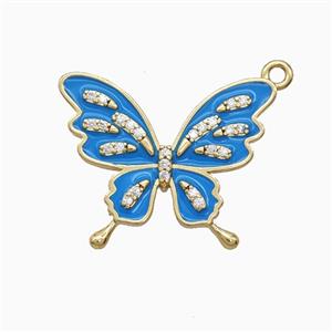Copper Butterfly Pendant Pave Zirconia Blue Enamel Gold Plated, approx 20-25mm