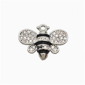 Copper Honeybee Pendant Pave Zirconia Black Enamel Platinum Plated, approx 12-16mm