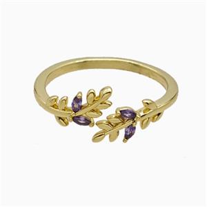 Copper Leaf Rings Pave Zirconia Gold Plated, approx 6mm, 18mm dia