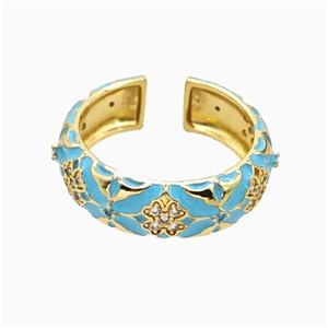 Copper Ring Pave Zirconia Teal Enamel Gold Plated, approx 7mm, 18mm dia