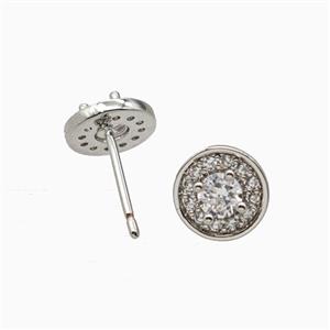 Copper Stud Earrings Pave Zirconia Crystal Glass Platinum Plated, approx 9mm