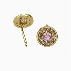 Copper Stud Earrings Pave Zirconia Crystal Glass Gold Plated, approx 9mm