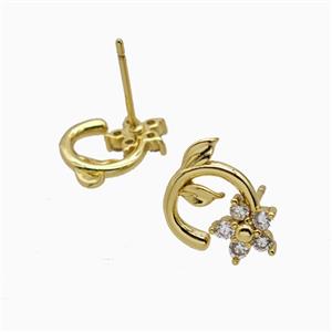 Copper Flower Stud Earrings Pave Zirconia Gold Plated, approx 7mm, 10mm