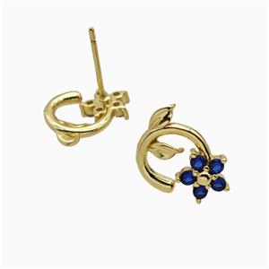 Copper Flower Stud Earrings Pave Zirconia Gold Plated, approx 7mm, 10mm