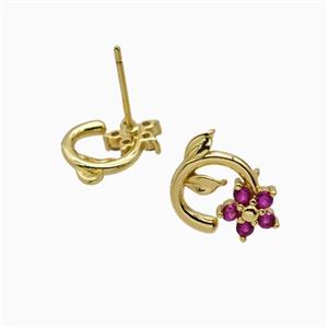Copper Flower Stud Earrings Pave Zirconia Gold Plated, approx 7mm, 10mm