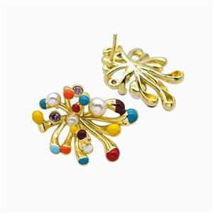 Copper Flower Stud Earrings Pave Resin Multicolor Enamel Gold Plated, approx 15-20mm