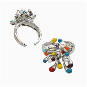 Copper Flower Rings Pave Resin Multicolor Enamel Platinum Plated, approx 15-20mm, 18mm dia