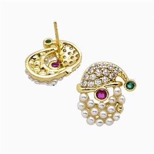 Christmas Santa Claus Charms Copper Stud Earrings Pave Zirconia Resin Gold Plated, approx 12-15mm