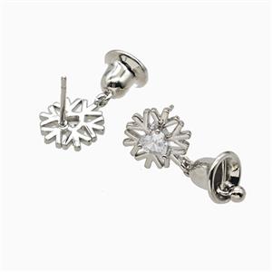 Christmas Bell And Snowflake Charms Copper Stud Earrings Pave Zirconia Platinum Plated, approx 10mm, 7mm